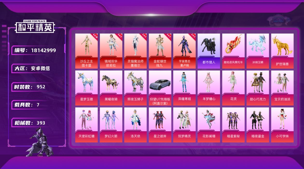和平精英账号安卓微信[18142999]5红装 25粉装 28特效枪 7载具 19印记 可二次 可修改实名 
【五级神装