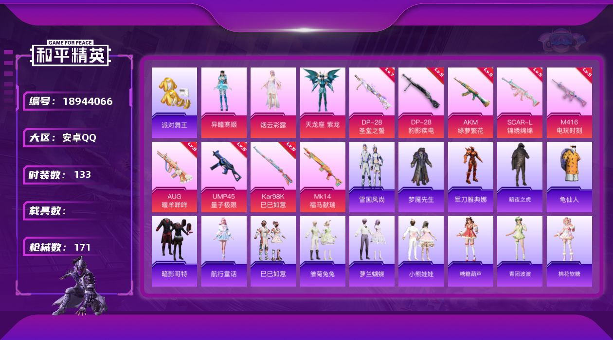 和平精英账号安卓QQ[18944066]安卓 手Q-3粉装-10特效枪-0载具-1粉色飞行器-49474热力值-16王牌印记-133套装-171枪皮
【热门品类】：套装-派对舞王，角色-军刀雅典娜，套装-暗夜之虎，套装-
