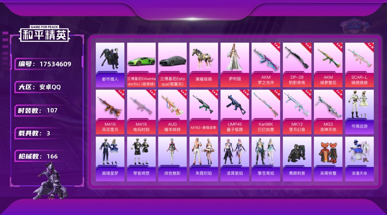 和平精英账号安卓QQ[17534609]安卓 手Q-2粉装-14特效枪-3载具-4粉色飞行器-52485热力值-11王牌印记-107套装-166枪皮
【热门品类】：套装-浪漫天命，套装-都市猎人，套装-小丑鱼，套装-龟仙