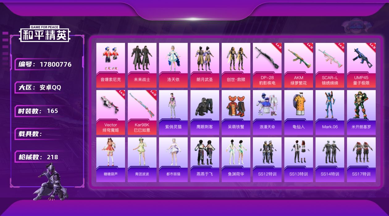 和平精英账号安卓QQ[17800776]安卓 手Q-5粉装-8特效枪-0载具-1粉色飞行器-62511热力值-10王牌印记-165套装-218枪皮
【热门品类】：粉装-音爆索尼克，套装-浪漫天命，套装-龟仙人，角色-Ma