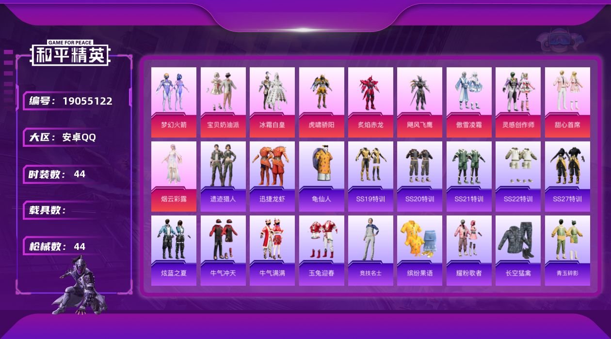 和平精英账号安卓QQ[19055122]44套装/装备65/战备35/王牌印记2/热力值16240/梦幻火箭(新101)/龟仙人/宝贝奶油派/冰霜白皇/虎啸骄阳/炙焰赤龙/飓风飞鹰/傲雪凌霜/灵感创作师/甜心首席/烟云彩