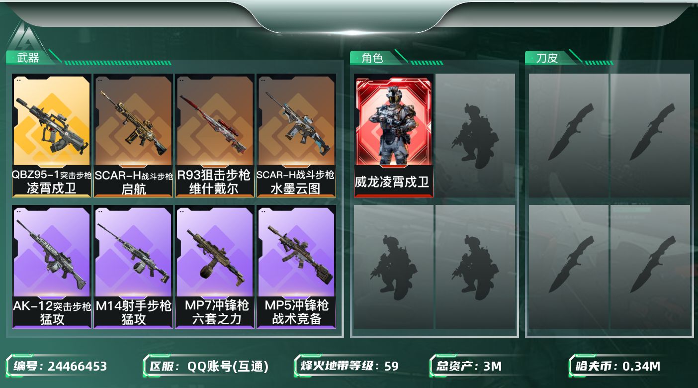 三角洲行动账号QQ总资产3M/哈夫币34万/干员外观数1/传说枪皮数4/战场等级9/行动等级59/安全箱等时效性道具以
