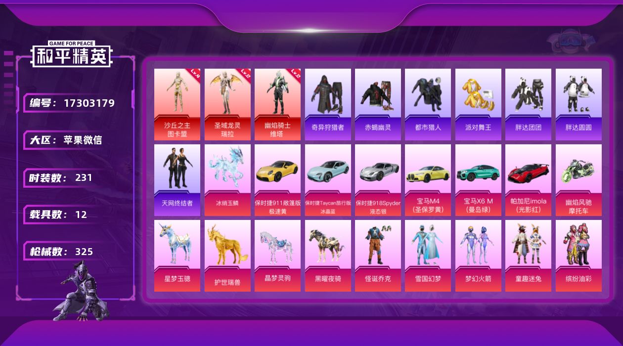 和平精英账号苹果微信[17303179]6级aug 满级m4灵猫 【特价出售/店主推荐】苹果 微信-无敌战神框-3神装-27粉装-24特效枪-12载具-17粉色飞行器-138933热力值-11王牌印记-231套装-325