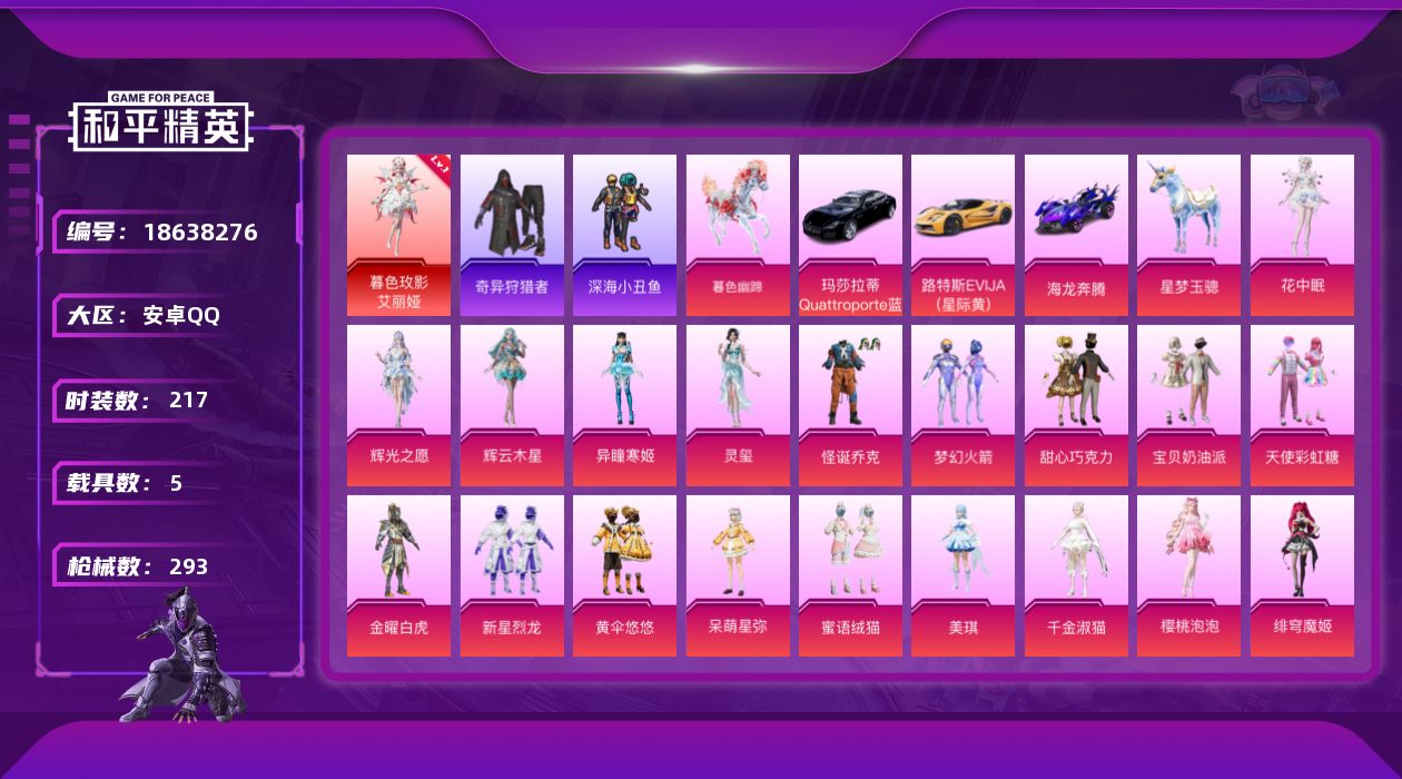 和平精英账号安卓QQ[18638276]217套装/枪械14/装备411/载具5/战备201/王牌印记12/热力值104660/三级AKM-暮色玫影/四级SCAR-L-梦幻火箭/七级M416-五爪金龙/三级AUG-星梦奇