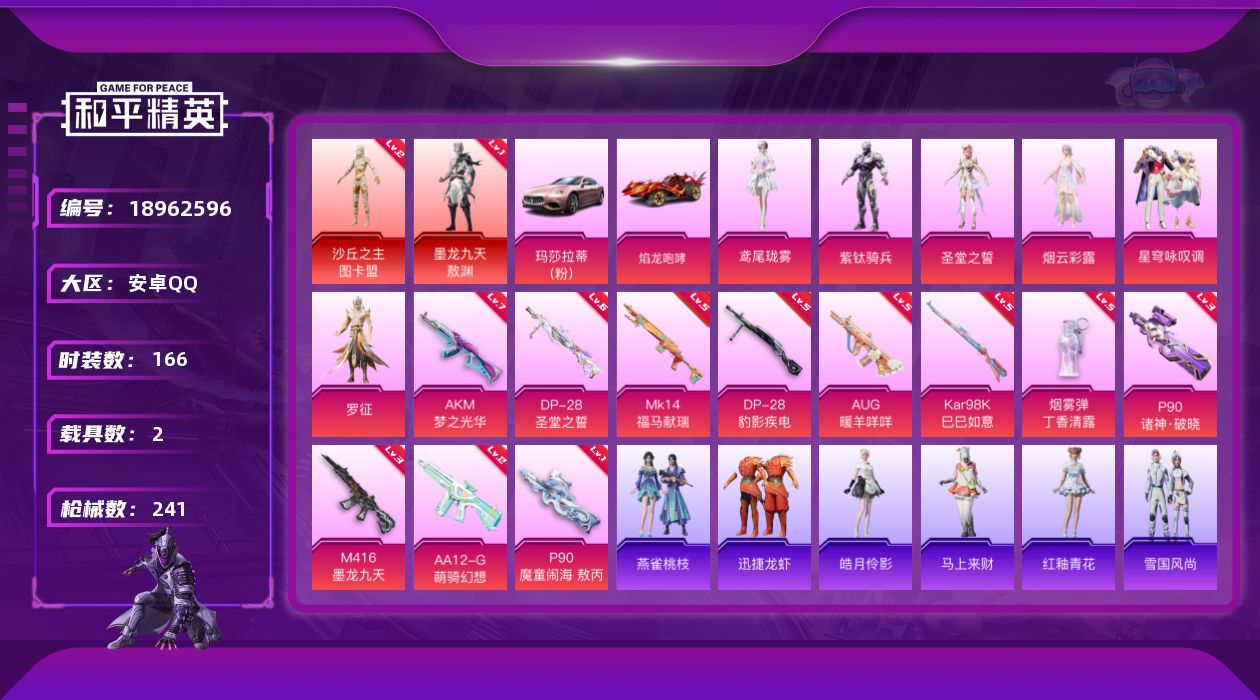 和平精英账号安卓QQ[18962596]166套装/枪械11/装备309/载具2/战备178/王牌印记16/热力值78916/七级AKM-梦之光华/三级M416-墨龙九天/五级AUG-暖羊咩咩/一级P90-魔童闹海 敖丙