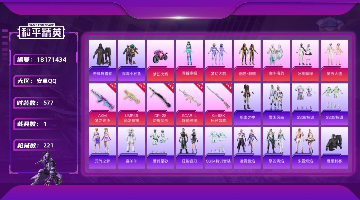 和平精英账号安卓QQ[18171434]6粉装 5特效枪 1载具 16印记 可二次 可修改实名 
【热门装扮】奇异狩猎者