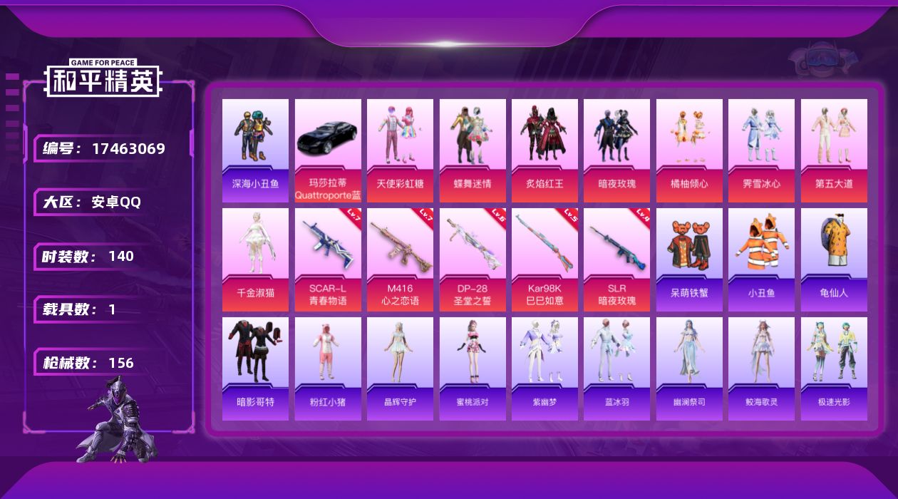 和平精英账号安卓QQ[17463069]安卓 手Q-9粉装-8特效枪-1载具-4粉色飞行器-60079热力值-18王牌印记-140套装-156枪皮
【热门品类】：套装-深海小丑鱼，套装-小丑鱼，套装-龟仙人，套装-暗影哥