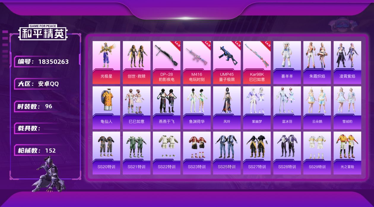 和平精英账号安卓QQ[18350263]可二次【特价出售/店主推荐】安卓 手Q-2粉装-6特效枪-2粉色飞行器-39516热力值-4王牌印记-96套装-152枪皮【热门品类】：套装-龟仙人【粉色套装】：角色-光极星，套装