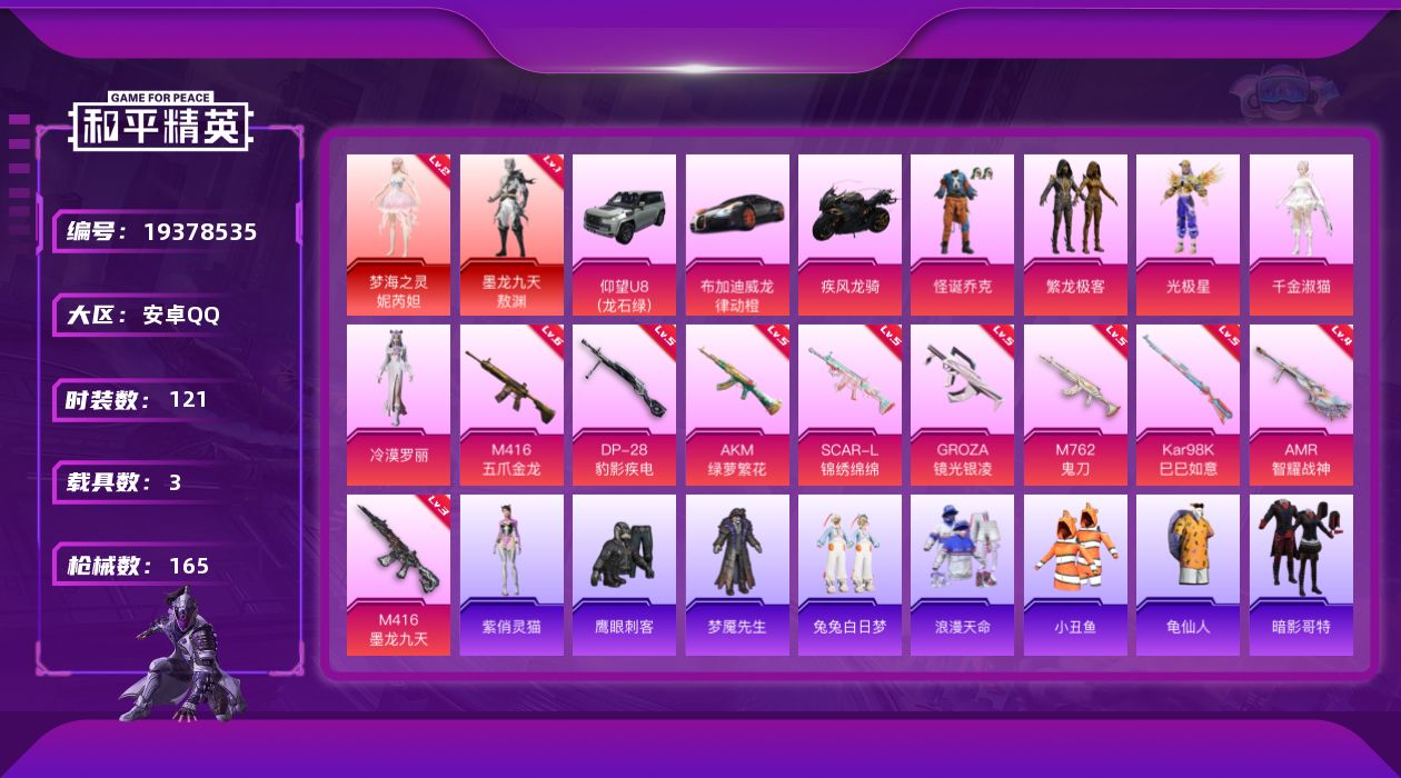 和平精英账号安卓QQ[19378535]安卓 手Q-2神装-5粉装-9特效枪-3载具-3粉色飞行器-59305热力值-4王牌印记-121套装-165枪皮
【红色神装等级】：梦海之灵-妮芮妲(二级)，墨龙九天-敖渊(一级)