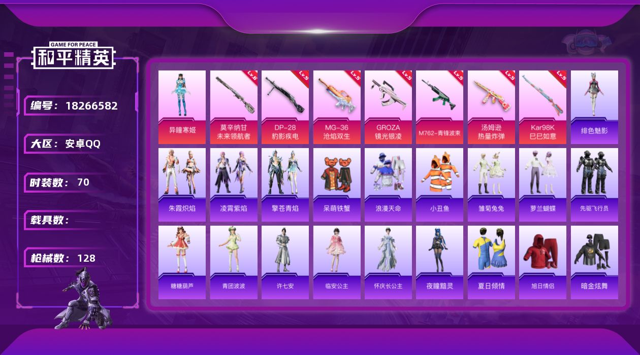 和平精英账号安卓QQ[18266582]安卓 手Q-1粉装-11特效枪-0载具-1粉色飞行器-33840热力值-2王牌印记-70套装-128枪皮
【热门品类】：套装-浪漫天命，套装-小丑鱼
【粉色套装】：角色-异瞳寒姬
