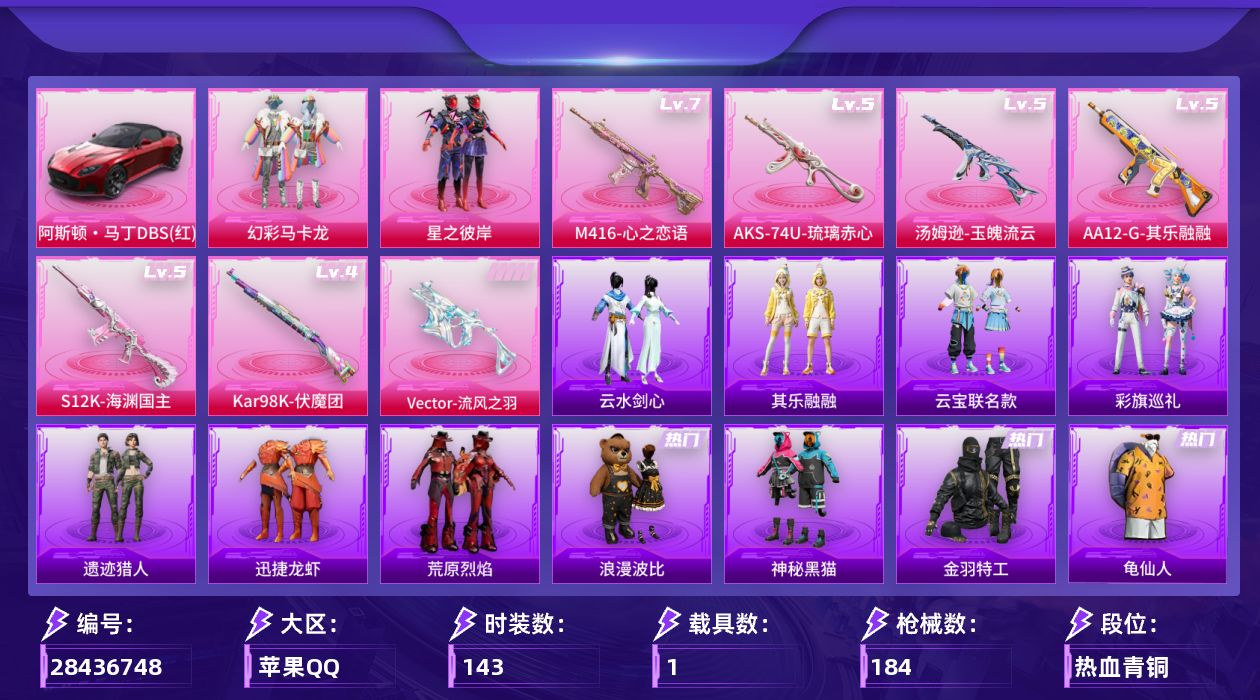 [28436748]苹果手Q-历史最高段位：卓越王牌15星-3粉装-7特效枪-1载具-3粉色飞行器-55725热力值-7王牌印记-143套装-184枪皮
【热门品类】：套装-金羽特工，套装-龟仙人，套装-浪漫波比，套装-粉红小猪
【粉色套装】：粉装-碎梦浮光，粉装-幻彩马卡龙，粉装-星之彼岸
【粉色枪皮等级】：Vector-流风之羽(四级)，M416-心之恋语(七级)，汤姆逊-玉魄流云(五级)，AKS-74U-琉璃赤心(五级)，Kar98K-伏魔团(四级)，S12K-海渊国主(五级)，AA12-G-其乐融融(五级)
【粉色载具】：阿斯顿马丁DBS（红）
【粉色枪皮】：Vector-流风之羽，M416-心之恋语，汤姆逊-玉魄流云，AKS-74U-琉璃赤心，Kar98K-伏魔团，S12K-海渊国主，AA12-G-其乐融融
【粉色飞行器】：炫彩糖果飞行器，心之恋语飞行翼，齐天大圣飞行器
【粉色降落伞】：碎梦浮光降落伞，破风疾驰降落伞，华贵君王降落伞，金风玉露降落伞，神秘黑猫降落伞，四圣焕新降落伞，星之彼岸降落伞，圣堂之誓降落伞，炫彩糖果降落伞
【稀有套装】：套装-龟仙人，套装-炫彩糖果，套装-迅捷龙虾，套装-遗迹猎人，套装-云宝联名款，套装-其乐融融，套装-彩旗巡礼，套装-荒原烈焰，套装-云水剑心，套装-黑曜晚宴，套装-香桃花海，套装-破风疾驰，套装-疾风竞速，套装-风纪星徽，套装-薄荷书签
【稀有枪皮】：AUG-冰晶雪宝，AKM-夜灯，AKM-天启纪元，AKM-星之彼岸，AKM-灼热熔岩，AKM-霓虹街区，M16A4-夜灯，M16A4-幻世战舞者，M16A4-机械英豪，M16A4-红色方程式，SCAR-L-夜灯，SCAR-L-炫彩节奏，SCAR-L-红色方程式，M416-夜灯，M416-红色方程式，GROZA-治愈之星，GROZA-生命誓言，GROZA-黑色刀锋，AUG-天降萌叽，AUG-耀粉歌者，AUG-魔法学院，QBZ-原初圣火，QBZ-神秘黑猫，QBZ-诡娃娃，M762-拳皇97，M762-深海曼妙，M762-牛气冲天，G36C-不夜海上花，G36C-金风玉露，蜜獾-天降萌叽，UZI-众神之王，UZI-炫彩节奏，UZI-竞技角斗士，UZI-红色方程式，UMP45-夜灯，UMP45-天启纪元，UMP45-极意拳锋，Vector-PEL轰鸣竞梦者，Vector-彩虹符号，Vector-