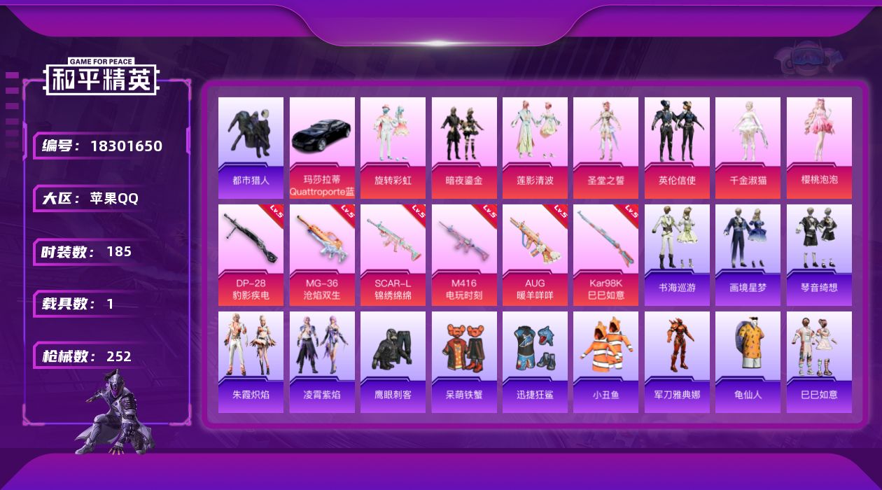 和平精英账号苹果QQ[18301650]苹果 手Q-7粉装-7特效枪-1载具-2粉色飞行器-72692热力值-10王牌印记-185套装-252枪皮
【热门品类】：套装-都市猎人，套装-小丑鱼，角色-军刀雅典娜，套装-龟仙