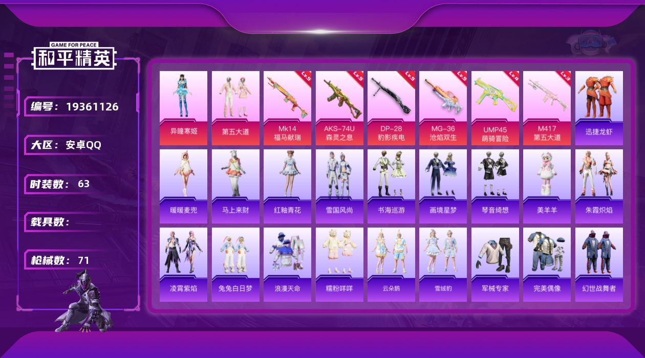 和平精英账号安卓QQ[19361126]安卓 手Q-2粉装-6特效枪-0载具-2粉色飞行器-22477热力值-3王牌印记-63套装-71枪皮
【热门品类】：套装-浪漫天命，套装-糯粉咩咩
【粉色套装】：粉装-第五大道，角