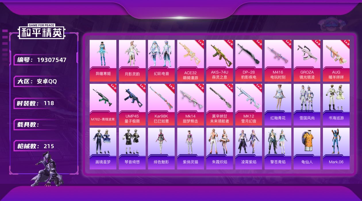 和平精英账号安卓QQ[19307547]安卓 手Q-3粉装-12特效枪-0载具-1粉色飞行器-59913热力值-5王牌印记-118套装-215枪皮
【热门品类】：套装-龟仙人，角色-Mark.06
【粉色套装】：角色-月