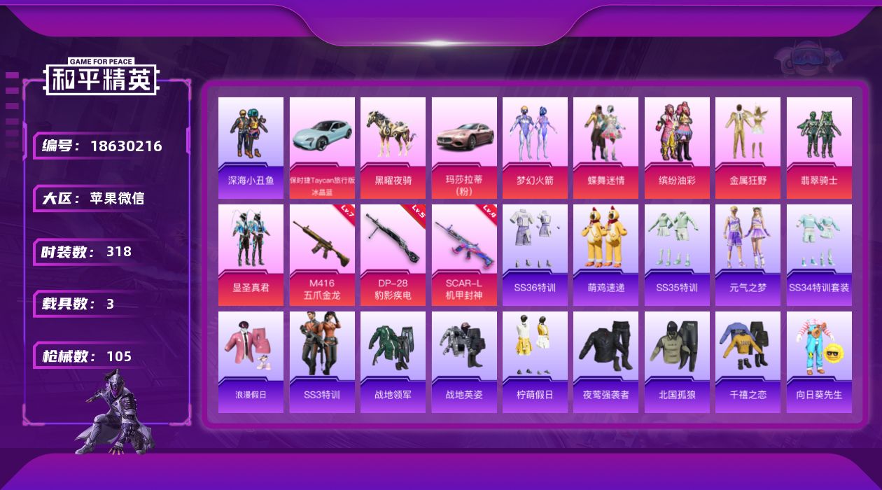 和平精英账号苹果微信3载具-83套装-105枪皮-V社交限制不影响游戏 战神框 m4星际 -1稀有3载具6粉装3特效枪1