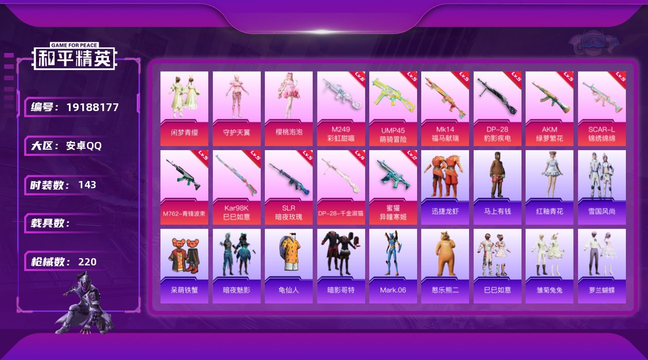 和平精英账号安卓QQ[19188177]安卓 手Q-4粉装-11特效枪-0载具-2粉色飞行器-66189热力值-6王牌印记-143套装-220枪皮
【热门品类】：套装-AG战队服，套装-龟仙人，套装-暗影哥特，角色-Ma