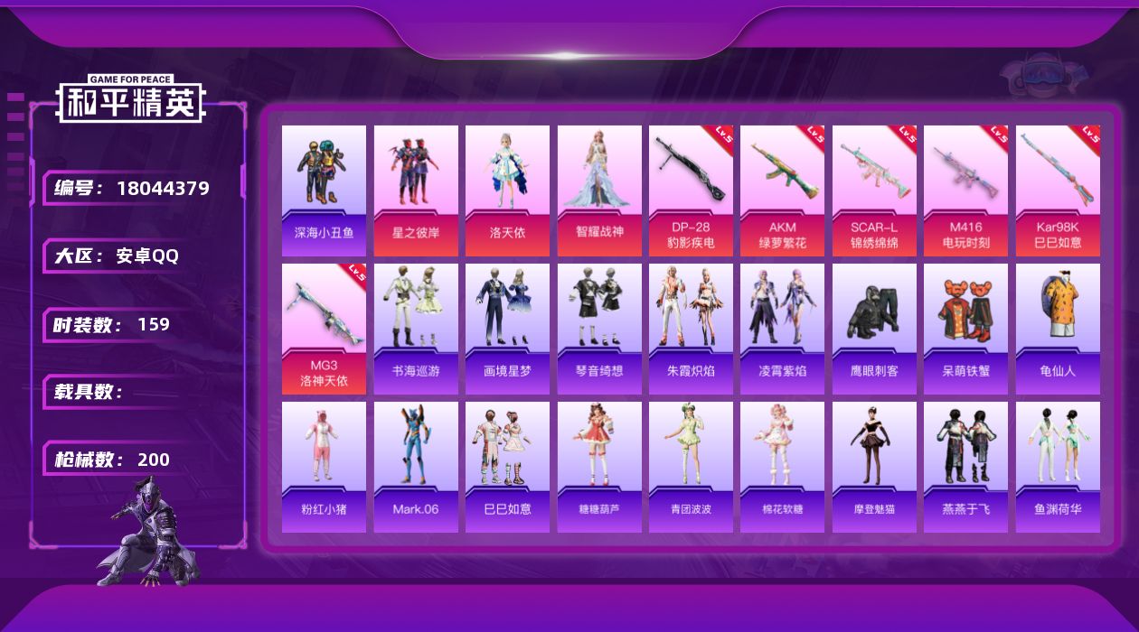 和平精英账号安卓QQ[18044379]【特价出售/店主推荐】安卓 手Q-3粉装-8特效枪-1粉色飞行器-57473热力值-18王牌印记-159套装-200枪皮【热门品类】：套装-深海小丑鱼，套装-龟仙人，套装-粉红小猪