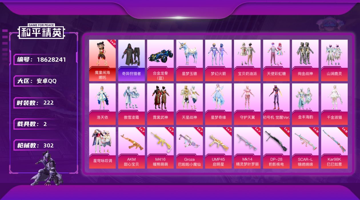 和平精英账号安卓QQ[18628241]安卓 手Q-无敌战神框-1神装-15粉装-14特效枪-2载具-6粉色飞行器-106551热力值-11王牌印记-222套装-302枪皮
【红色神装等级】：魔童闹海-哪吒(二级)
【红