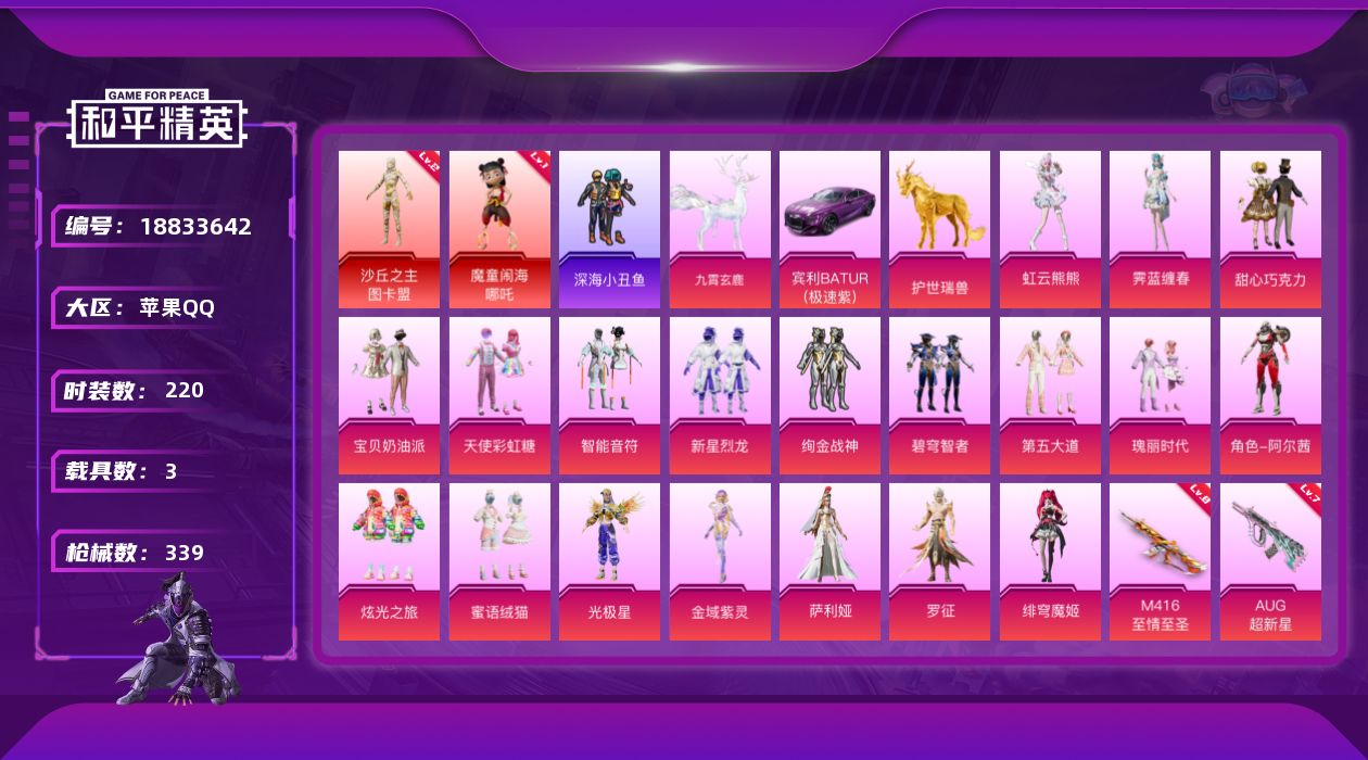 和平精英账号苹果QQ[18833642]枪皮号！苹果 手Q-2神装-19粉装-28特效枪-3载具-14粉色飞行器-122800热力值-18王牌印记-220套装-339枪皮
【红色神装等级】：魔童闹海-哪吒(一级)，沙丘之