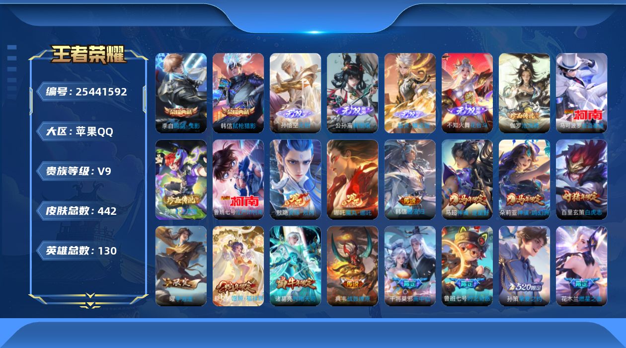 王者荣耀账号苹果QQ贵族9 荣耀典藏2 无双4 珍品传说4 传说皮肤58 史诗皮肤135 皮肤数量440 皮肤价值:381804 英雄130 至尊星耀III 总场次12553