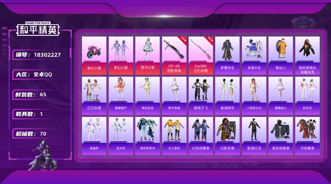 和平精英账号安卓QQ实名: 可修改 时装数: 65 载具数: 1 枪械数: 70 战备数: 78 热门装扮: 梦幻火箭(