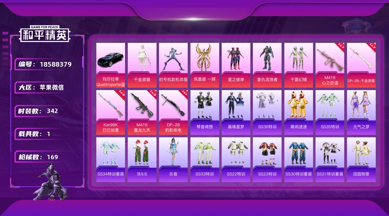 和平精英账号苹果微信1载具-99套装-169枪皮-社交限制 1载具6粉装9特效枪6热门99套装169枪皮 52763热力