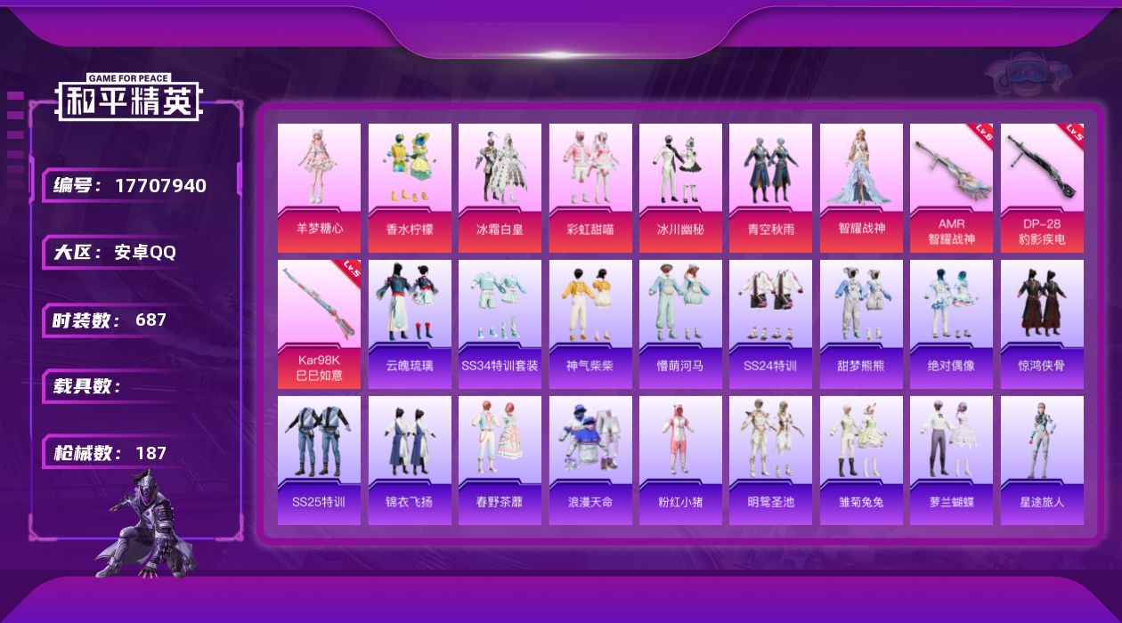 和平精英账号安卓QQ7粉装 3枪皮 实名: 可修改 时装数: 687 枪械数: 187 战备数: 171 热门装扮: 香