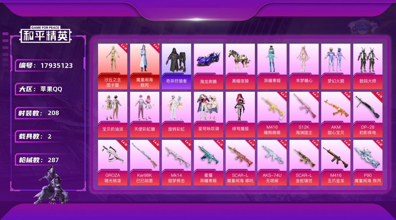 和平精英账号苹果QQ[17935123]苹果 手Q-2神装-9粉装-16特效枪-2载具-8粉色飞行器-97285热力值-17王牌印记-208套装-287枪皮
【红色神装等级】：魔童闹海-敖丙(一级)，沙丘之主-图卡盟(三