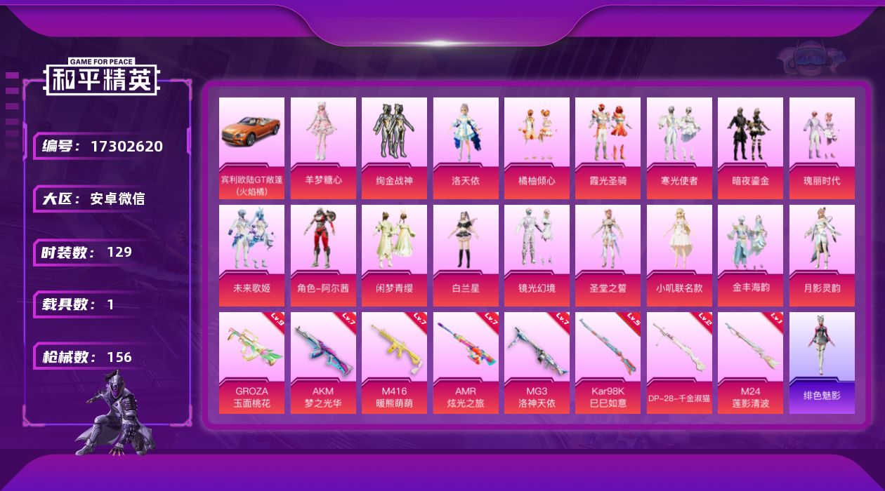 和平精英账号安卓微信[17302620]【店主推荐捡漏号！可直接换绑】安卓 微信-18粉装-8特效枪-1载具-5粉色飞行器-65316热力值-10王牌印记-129套装-156枪皮【热门品类】：套装-龟仙人【粉色套装】：粉