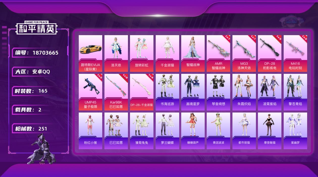 和平精英账号安卓QQ[18703665]【特价出售/店主推荐--热门套装洛天依千金淑猫/2把七级枪】安卓 手Q-5粉装-9特效枪-2载具-1粉色飞行器-75211热力值-9王牌印记-165套装-251枪皮【热门品类】：套