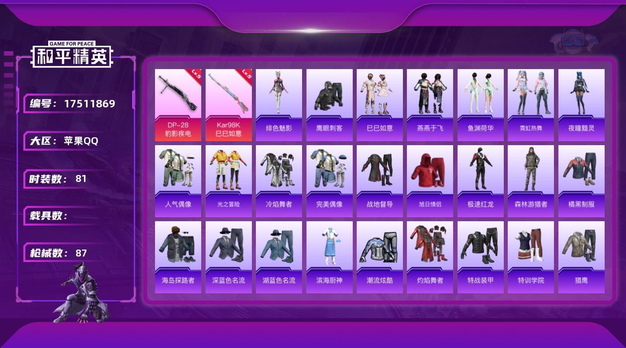 和平精英账号苹果QQ[17511869]可二次【特价出售/店主推荐】苹果 手Q-4特效枪-1.9w热力值-4王牌印记-81套装-87枪皮【粉色枪皮等级】：ACE32-萌骑漫游(四级)，Kar98K-巳巳如意(五级)，Mk