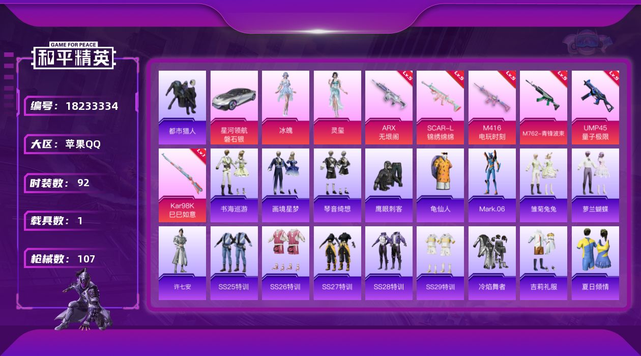 和平精英账号苹果QQ[18233334]苹果 手Q-3粉装-7特效枪-1载具-2粉色飞行器-34150热力值-6王牌印记-92套装-107枪皮
【热门品类】：套装-都市猎人，套装-龟仙人，角色-Mark.06
【粉色套装