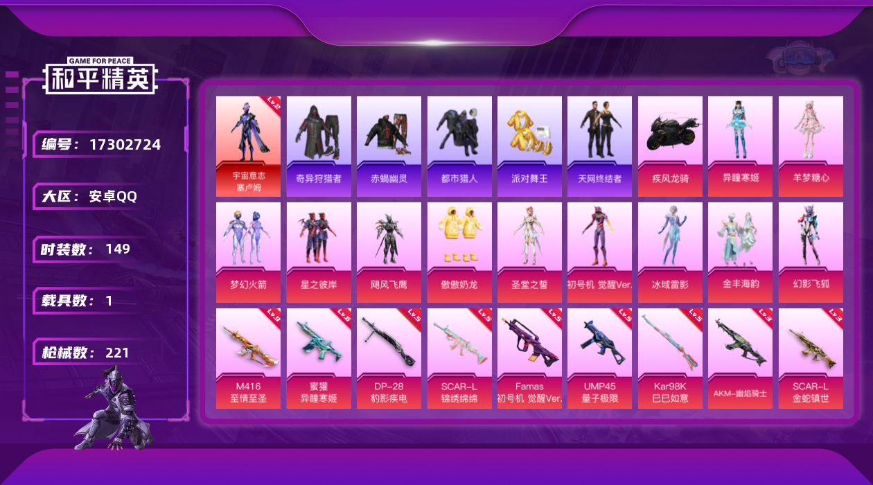 和平精英账号安卓QQ[17302724]【特价出售/店主推荐】安卓 手Q-1神装-11粉装-13特效枪-1载具-10粉色飞行器-7·6w热力值-9王牌印记-149套装-221枪皮
【红色神装等级】：宇宙意志-塞卢姆(二级