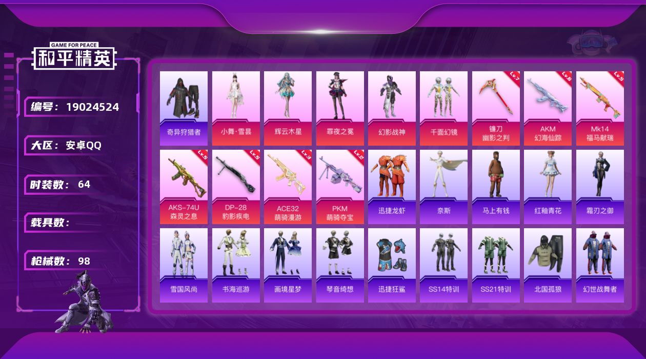 和平精英账号安卓QQ[19024524]安卓 手Q-5粉装-7特效枪-0载具-1粉色飞行器-29145热力值-4王牌印记-64套装-98枪皮
【热门品类】：套装-奇异狩猎者
【粉色套装】：粉装-幻影战神，粉装-千面幻镜，