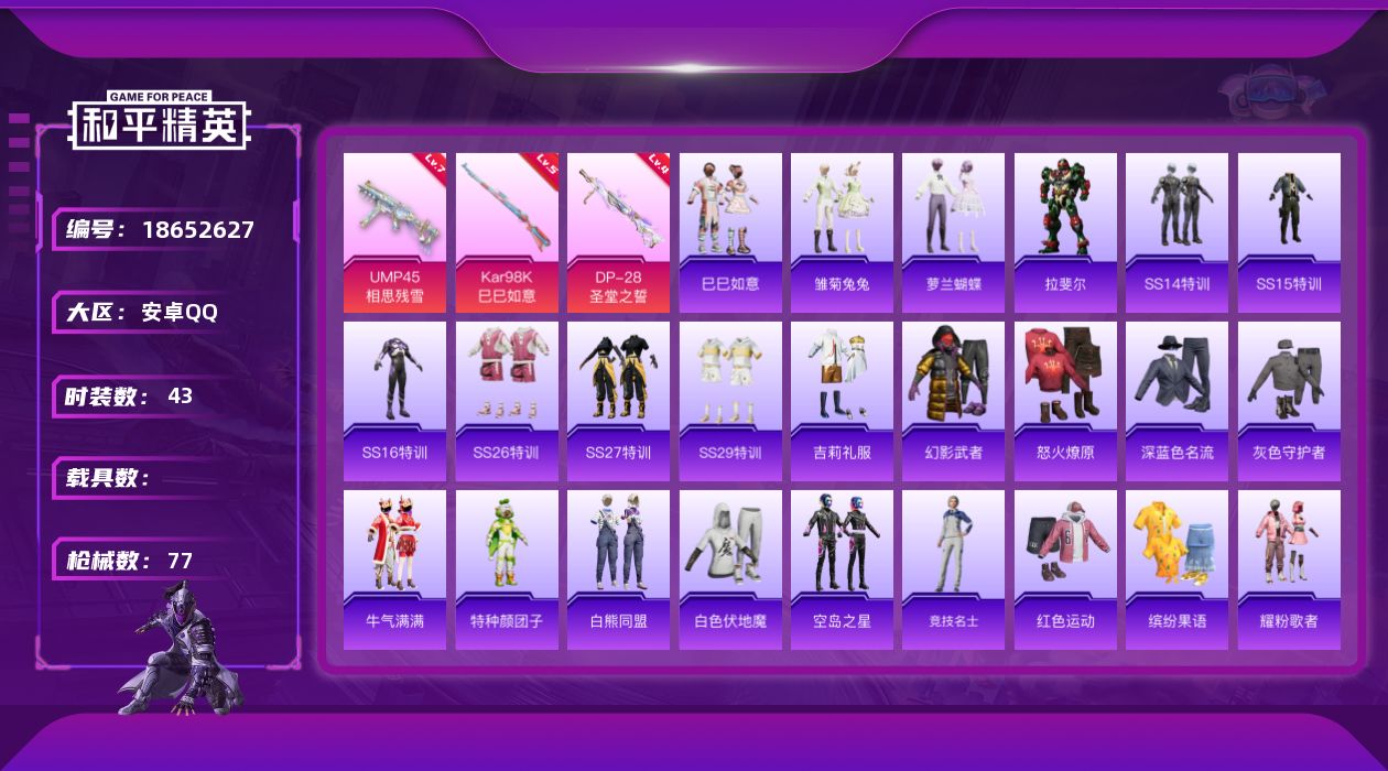 和平精英账号安卓QQ[18652627]【满级ump45精品小号】安卓 手Q-3特效枪-0载具-0粉色飞行器-22054热力值-1王牌印记-43套装-77枪皮
【粉色枪皮等级】：UMP45-相思残雪(七级)，Kar98K