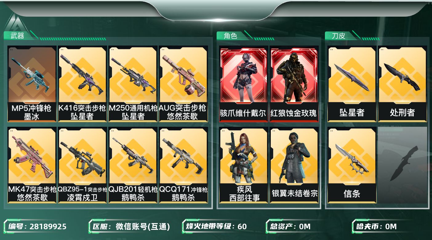 []总资产:220.5M 9干员外观 3近战传说 38传说枪械 哈夫币:5.476K 不可二次 不可修改实名  有社交场景限制
【烽火地带段位】白银
【全面战场段位】上等兵
【干员外观】疾风-西部往事,银翼-未结卷宗,蛊-不羁人生,乌鲁鲁-荒原猎手,红狼-蚀金玫瑰,骇爪-维什戴尔,红