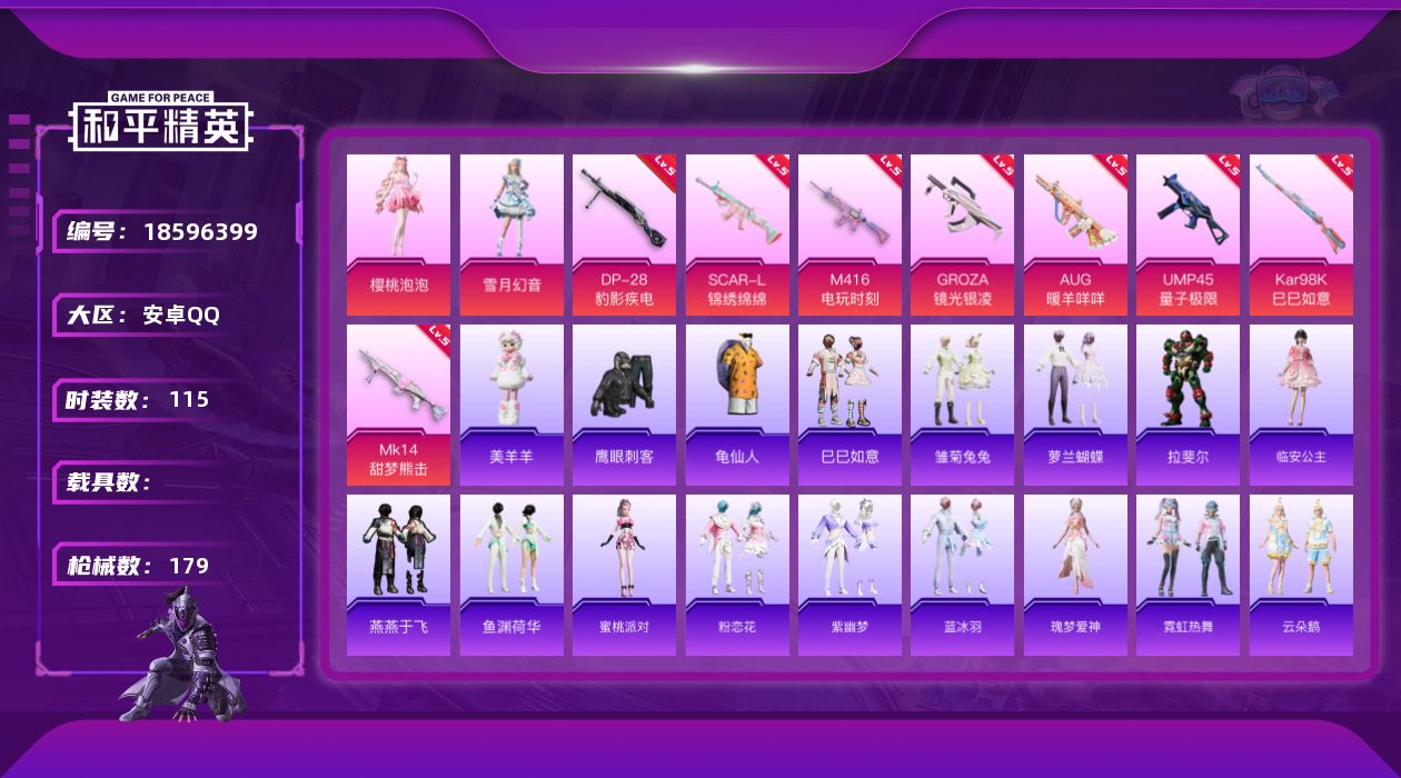 和平精英账号安卓QQ[18596399]安卓 手Q-2粉装-11特效枪-0载具-1粉色飞行器-51353热力值-9王牌印记-115套装-179枪皮
【热门品类】：套装-龟仙人
【粉色套装】：角色-樱桃泡泡，粉装-雪月幻音