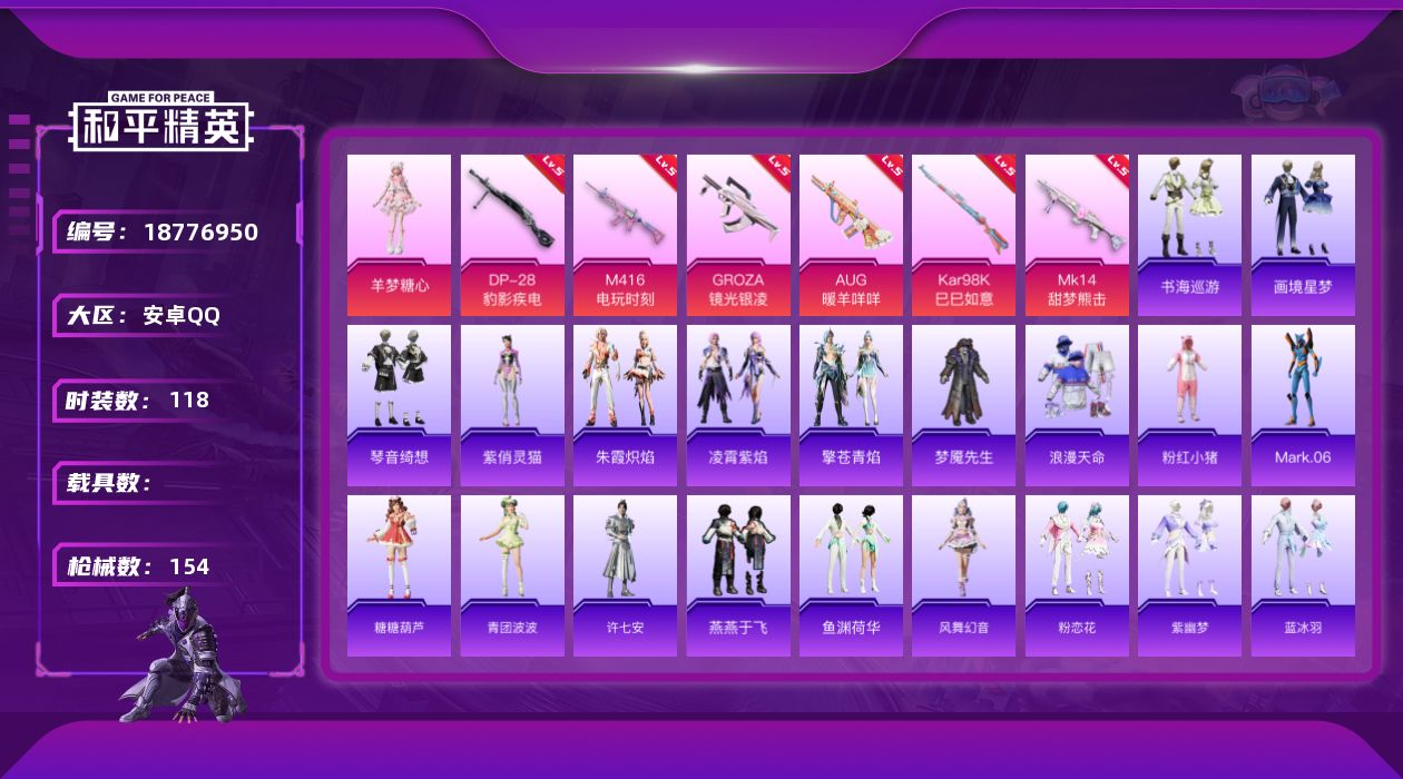 和平精英账号安卓QQ[18776950]安卓 手Q-1粉装-9特效枪-0载具-1粉色飞行器-42600热力值-8王牌印记-118套装-154枪皮
【热门品类】：套装-浪漫天命，套装-粉红小猪，角色-Mark.06
【粉色