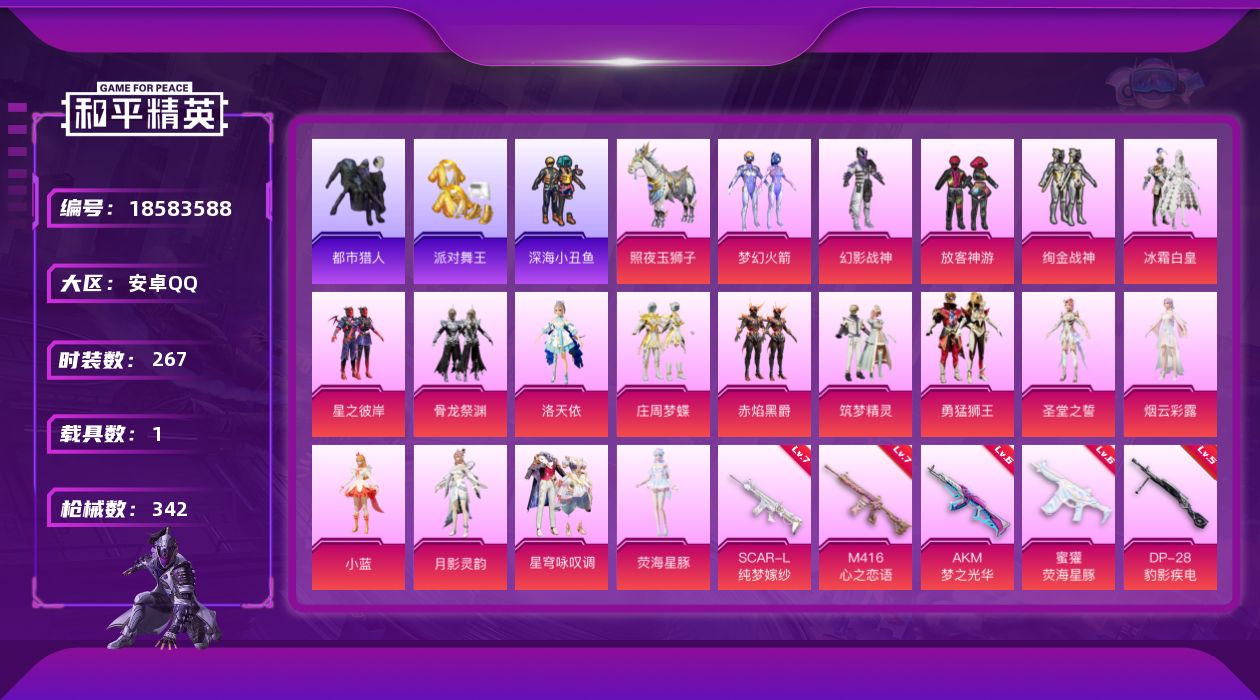 和平精英账号安卓QQ[18583588]时装数: 1014 载具数: 1 枪械数: 342 战备数: 265 热门装扮: