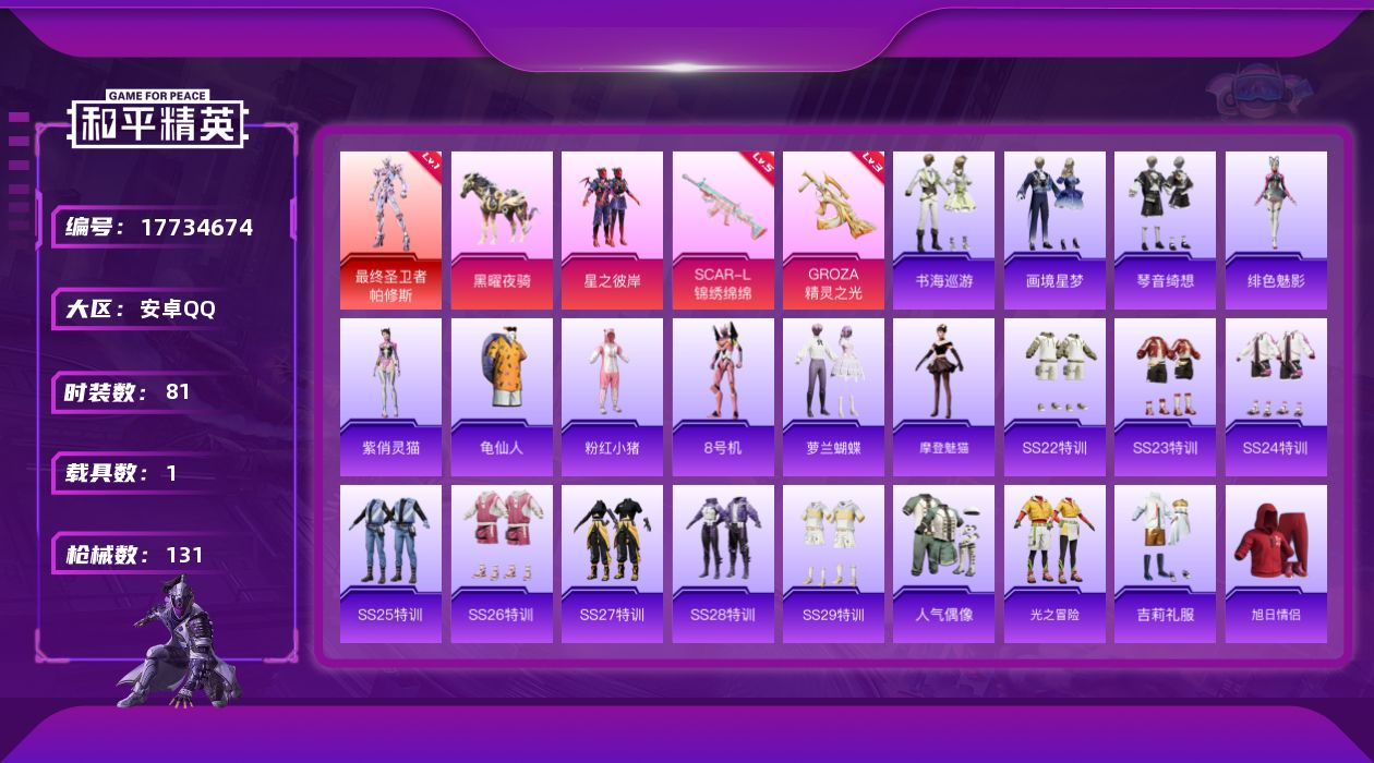 和平精英账号安卓QQ[17734674]【店主推荐捡漏号！可直接换绑】安卓 手Q-1神装-1粉装-5特效枪-1载具-9粉色飞行器-38267热力值-3王牌印记-81套装-131枪皮
【红色神装等级】：最终圣卫者-帕修斯(
