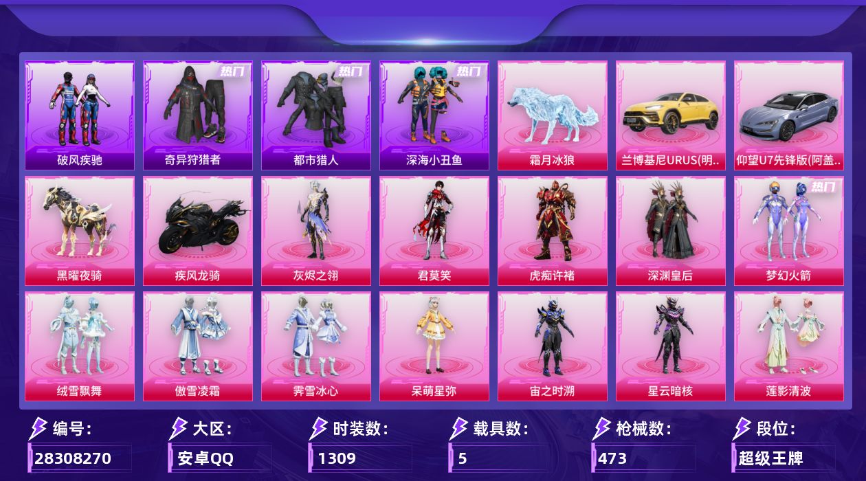 []22粉装 21特效枪 5载具 24印记 不可二次 不可修改实名 
【热门装扮】湮灭星辰,幻彩电音,狂魅哈莉,绯穹魔姬,千金淑猫,奇异狩猎者,雪月幻音,君莫笑,皎白汐音,灰烬之翎,雨过天青,虎痴许褚,极地冰晶,梦幻火箭(新101) ,深渊皇后,绒雪飘舞,傲雪凌霜,霁雪冰心,仲夏莫吉