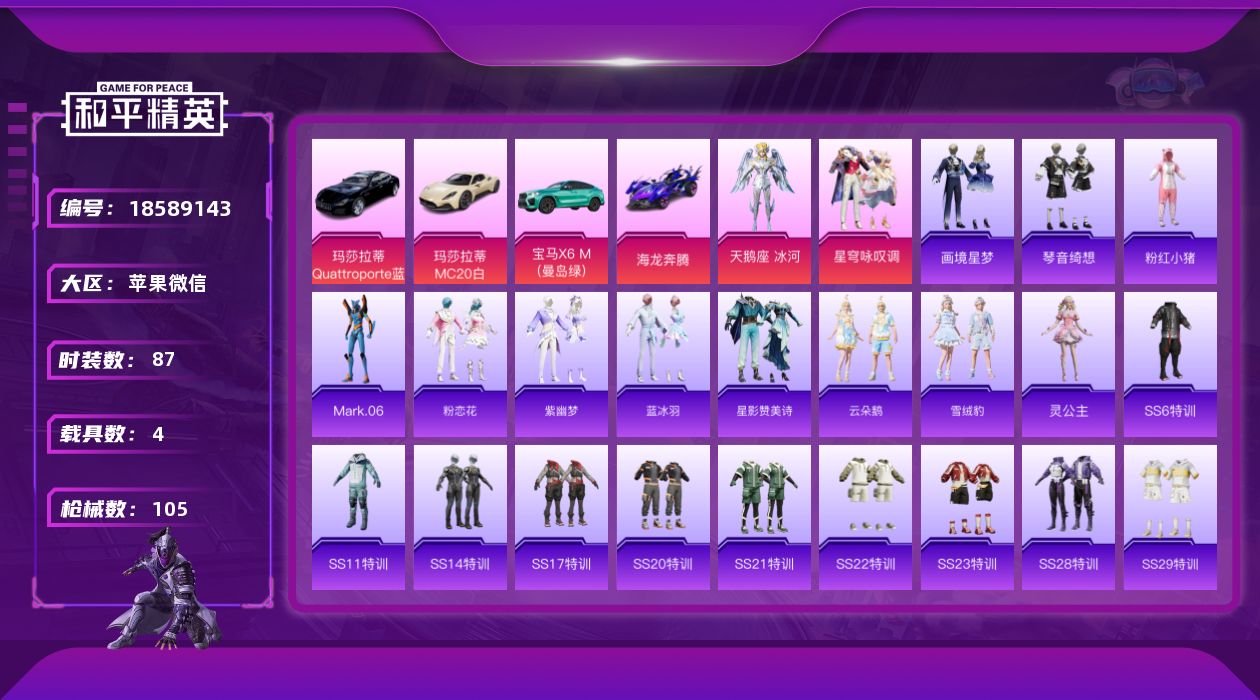 和平精英账号苹果微信[18589143]实名: 可修改 时装数: 343 载具数: 4 枪械数: 105 战备数: 83