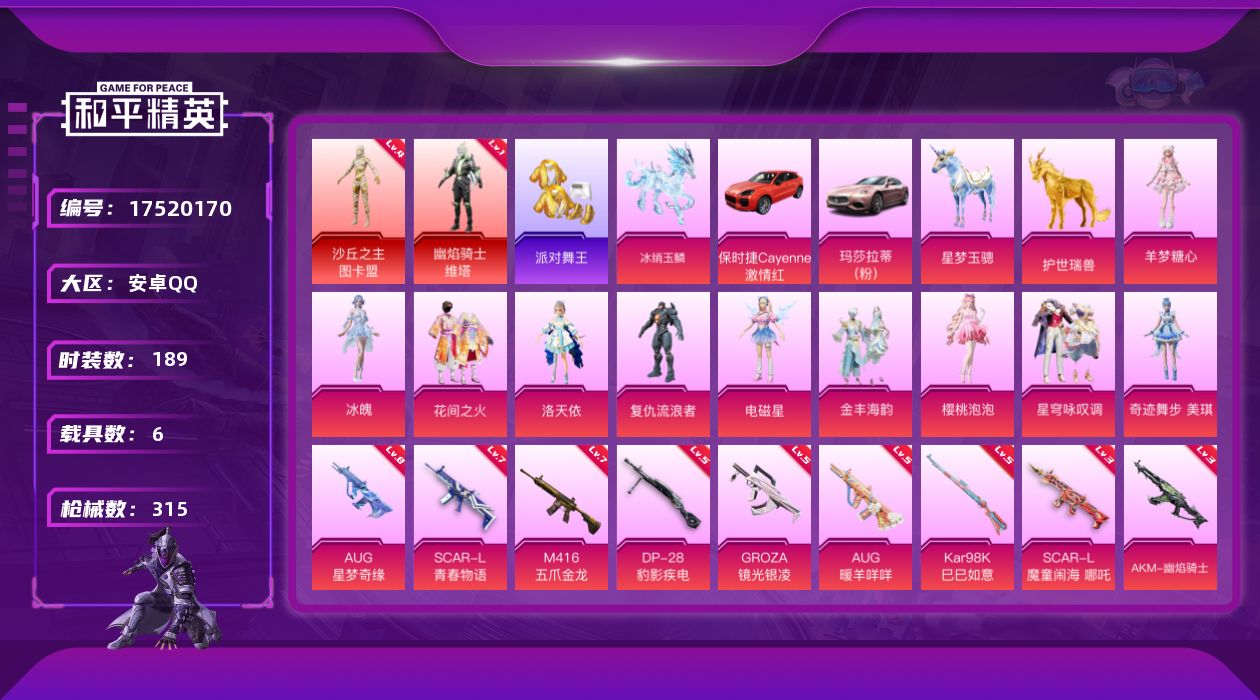 和平精英账号安卓QQ[17520170]安卓 手Q-3神装-12粉装-22特效枪-6载具-13粉色飞行器-114240热力值-18王牌印记-189套装-315枪皮
【红色神装等级】：灵驹仙姬-云歌(一级)，幽焰骑士-维塔