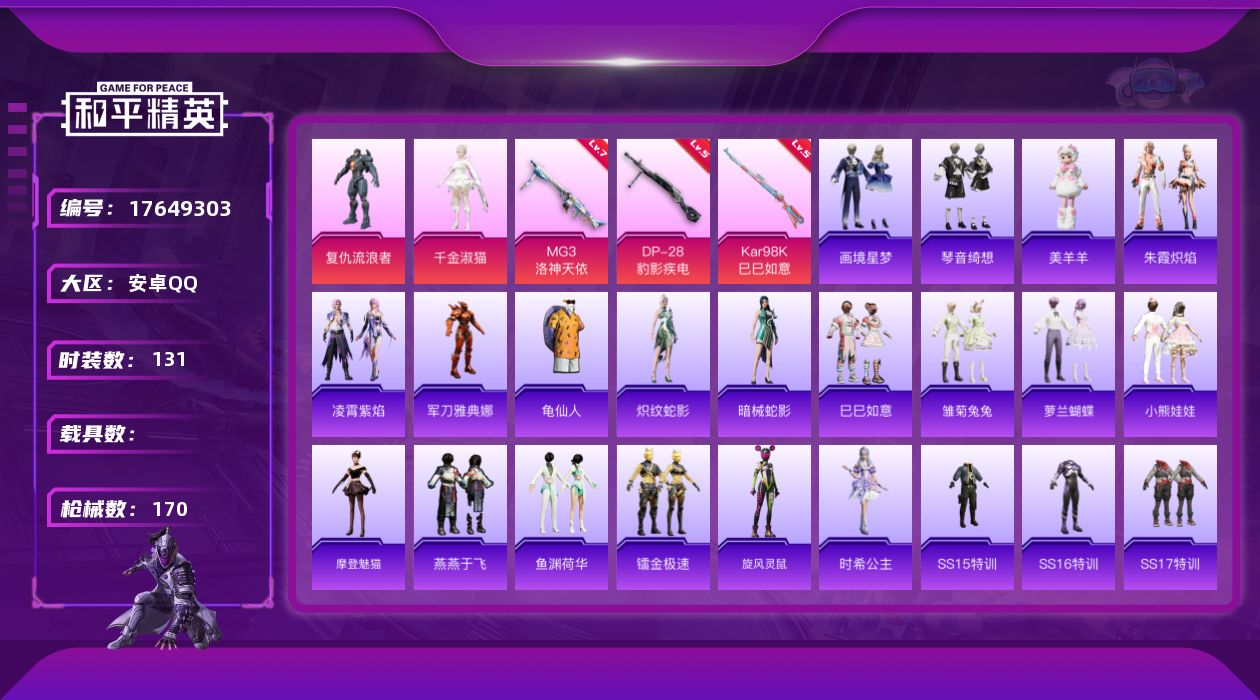 和平精英账号安卓QQ[17649303]【820】安卓 手Q-2粉装-4特效枪-0载具-1粉色飞行器-47779热力值-12王牌印记-131套装-170枪皮
【热门品类】：角色-军刀雅典娜，套装-龟仙人
【粉色套装】：角