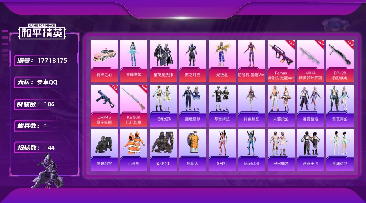 和平精英账号安卓QQ[17718175]安卓 手Q-5粉装-8特效枪-1载具-3粉色飞行器-44833热力值-4王牌印记-106套装-144枪皮
【热门品类】：套装-小丑鱼，套装-金羽特工，套装-龟仙人，角色-8号机，角