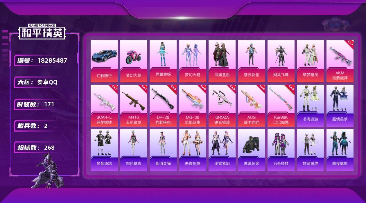 和平精英账号安卓QQ[18285487]安卓 手Q-6粉装-9特效枪-2载具-2粉色飞行器-80914热力值-11王牌印记-171套装-268枪皮
【热门品类】：粉装-梦幻火箭，套装-浪漫天命，套装-龟仙人，套装-粉红小