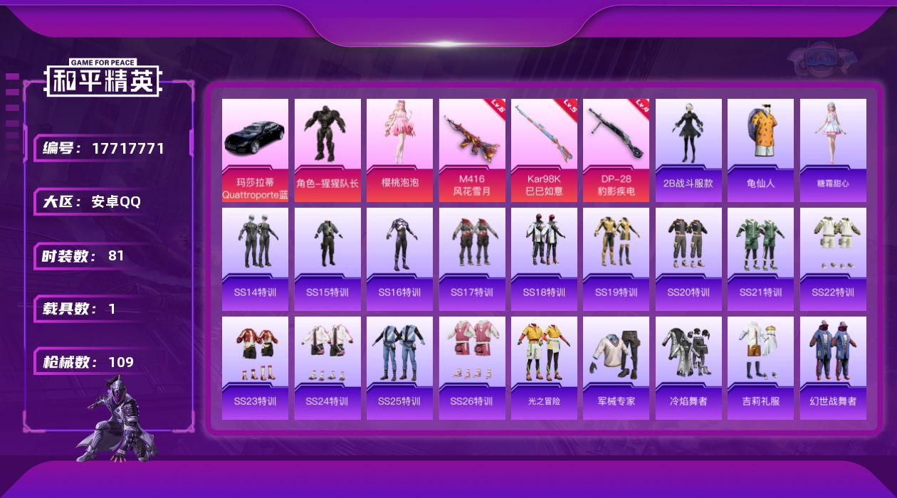 和平精英账号安卓QQ[17717771]安卓 手Q-2粉装-3特效枪-1载具-0粉色飞行器-32850热力值-6王牌印记-81套装-109枪皮
【热门品类】：角色-2B战斗服款，套装-龟仙人
【粉色套装】：角色-猩猩队长