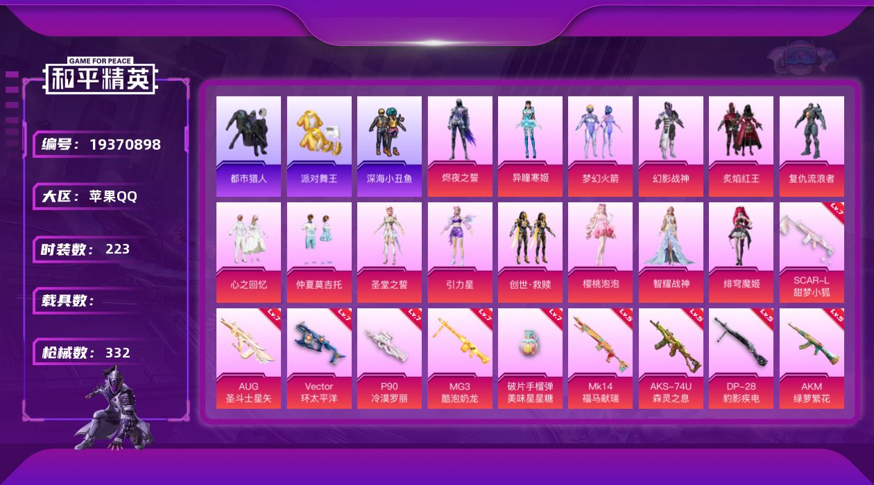 和平精英账号苹果QQ[19370898]苹果 手Q-14粉装-21特效枪-0载具-9粉色飞行器-111420热力值-20王牌印记-223套装-332枪皮
【热门品类】：粉装-梦幻火箭，套装-浪漫天命，套装-都市猎人，套装