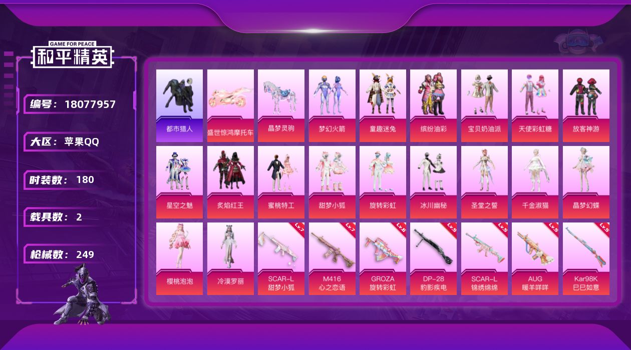 和平精英账号苹果QQ[18077957]【特价出售/店主推荐】/绝世印记1 苹果 手Q-17粉装-10特效枪-2载具-4粉色飞行器-82472热力值-17王牌印记-180套装-249枪皮【热门品类】：粉装-梦幻火箭，粉装