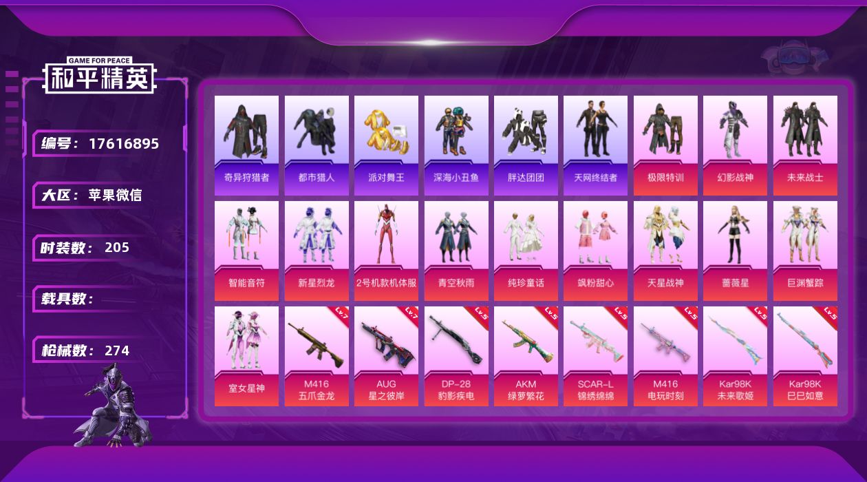 和平精英账号苹果微信DAS9684可二次 苹果V-7稀有13粉装12特效枪21热门205套装274枪皮 91126热力值